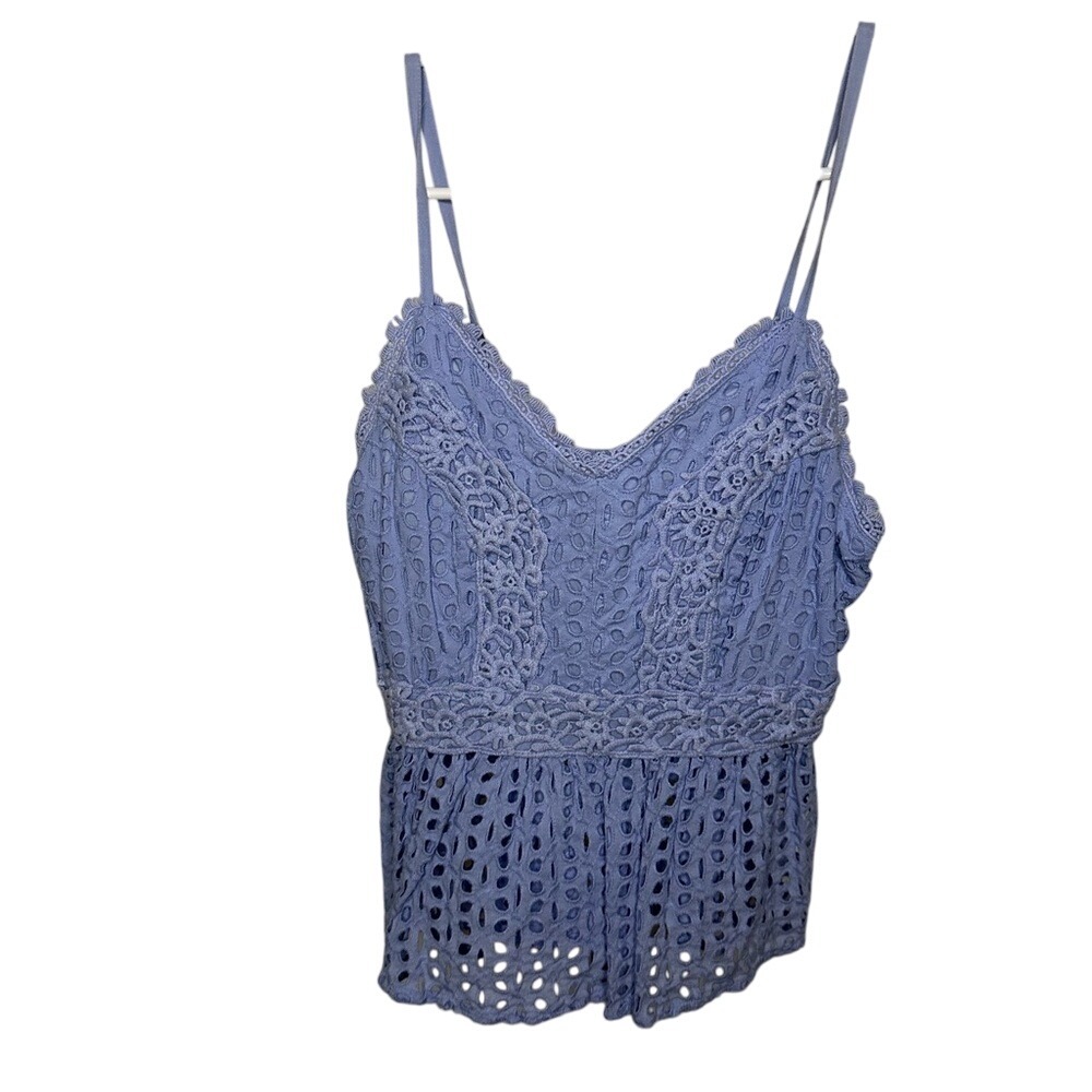 Sopra Blue Eyelet Lace Cami Top Adjustable Straps Smocked‎ Back Summer Cute